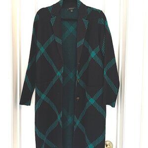 Ann Taylor Long Cardigan Sweater Coat – Black & Teal Plaid - Size XXS